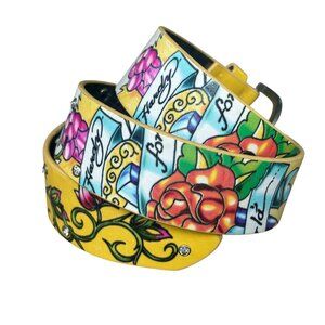 Ed Hardy Y2K Christian Audiger Yellow Manmade Leather Bling Belt Size Small